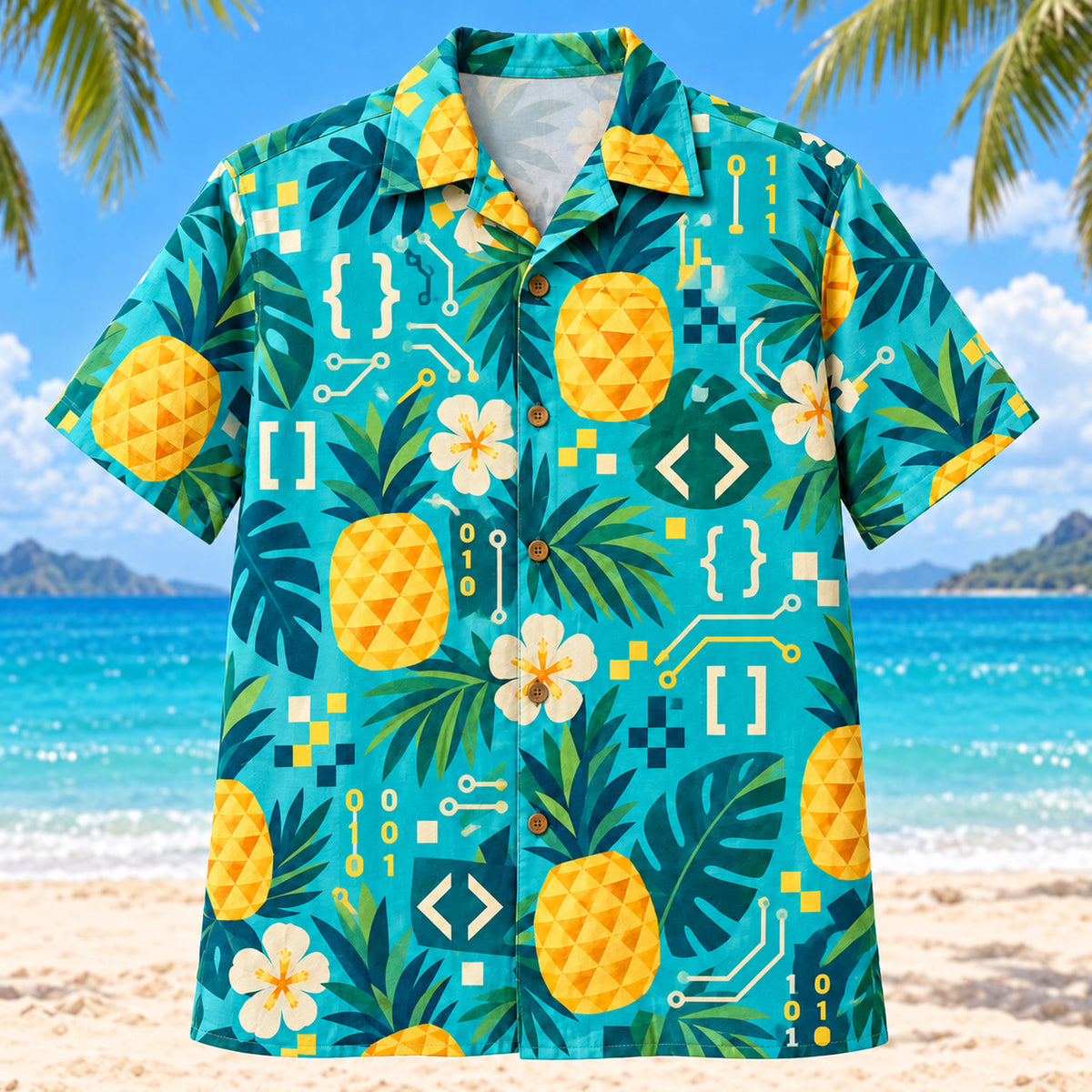Front view of Pineapple Pop Programmer Hawaiian Shirt with original cut-paper pineapples alongside original brackets, readable self-written pseudocode, binary patterns, pixels and invented debugging symbols in a roomy repeat