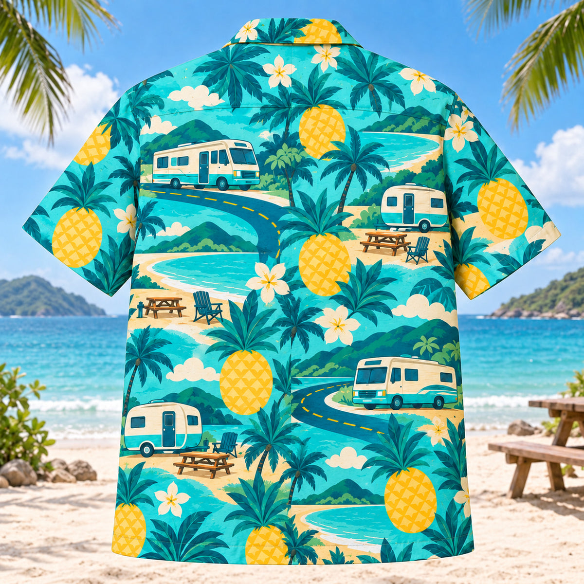 Back view of Pineapple Pop RV and Travel Trailer Hawaiian Shirt with matching rv and travel trailer artwork in turquoise, pineapple yellow, deep teal, cream