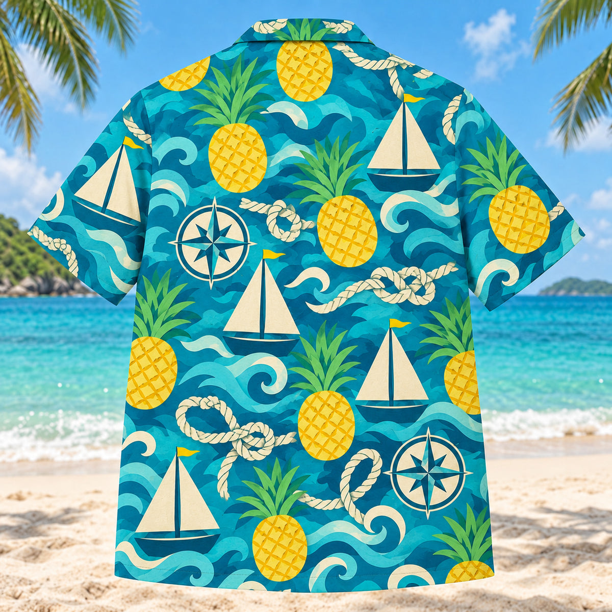 Back view of Pineapple Pop Sailing Hawaiian Shirt with matching sailing artwork in turquoise, pineapple yellow, deep teal, cream