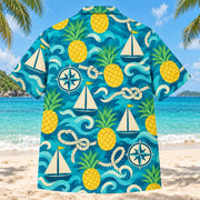 Back view of Pineapple Pop Sailing Hawaiian Shirt with matching sailing artwork in turquoise, pineapple yellow, deep teal, cream