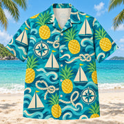 Front view of Pineapple Pop Sailing Hawaiian Shirt with original cut-paper pineapples alongside imaginary sailboats, knots, compasses and wave forms in a roomy repeat
