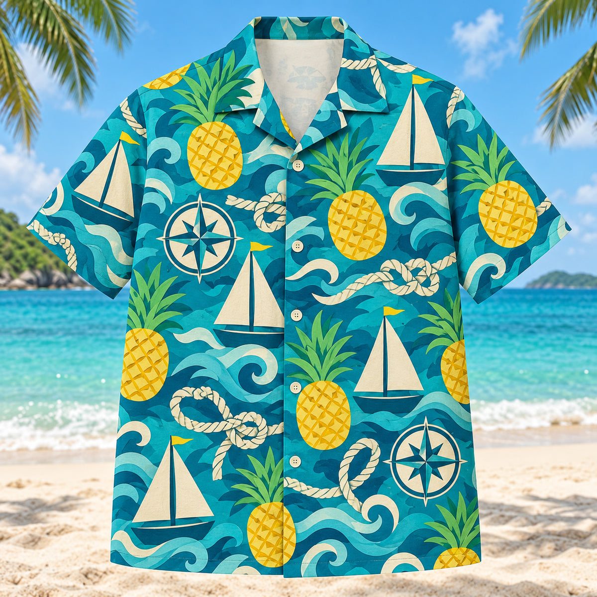 Front view of Pineapple Pop Sailing Hawaiian Shirt with original cut-paper pineapples alongside imaginary sailboats, knots, compasses and wave forms in a roomy repeat