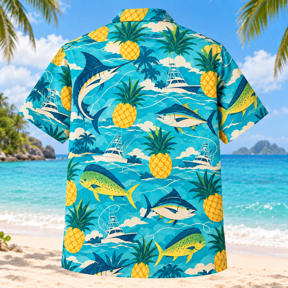 Back view of Pineapple Pop Saltwater Fishing Hawaiian Shirt with matching saltwater fishing artwork in turquoise, pineapple yellow, deep teal, cream