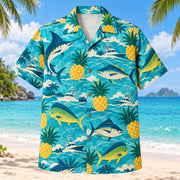 Front view of Pineapple Pop Saltwater Fishing Hawaiian Shirt with original cut-paper pineapples alongside original marlin, tuna and mahi-mahi silhouettes, fishing lines and imaginary offshore boats in a roomy repeat