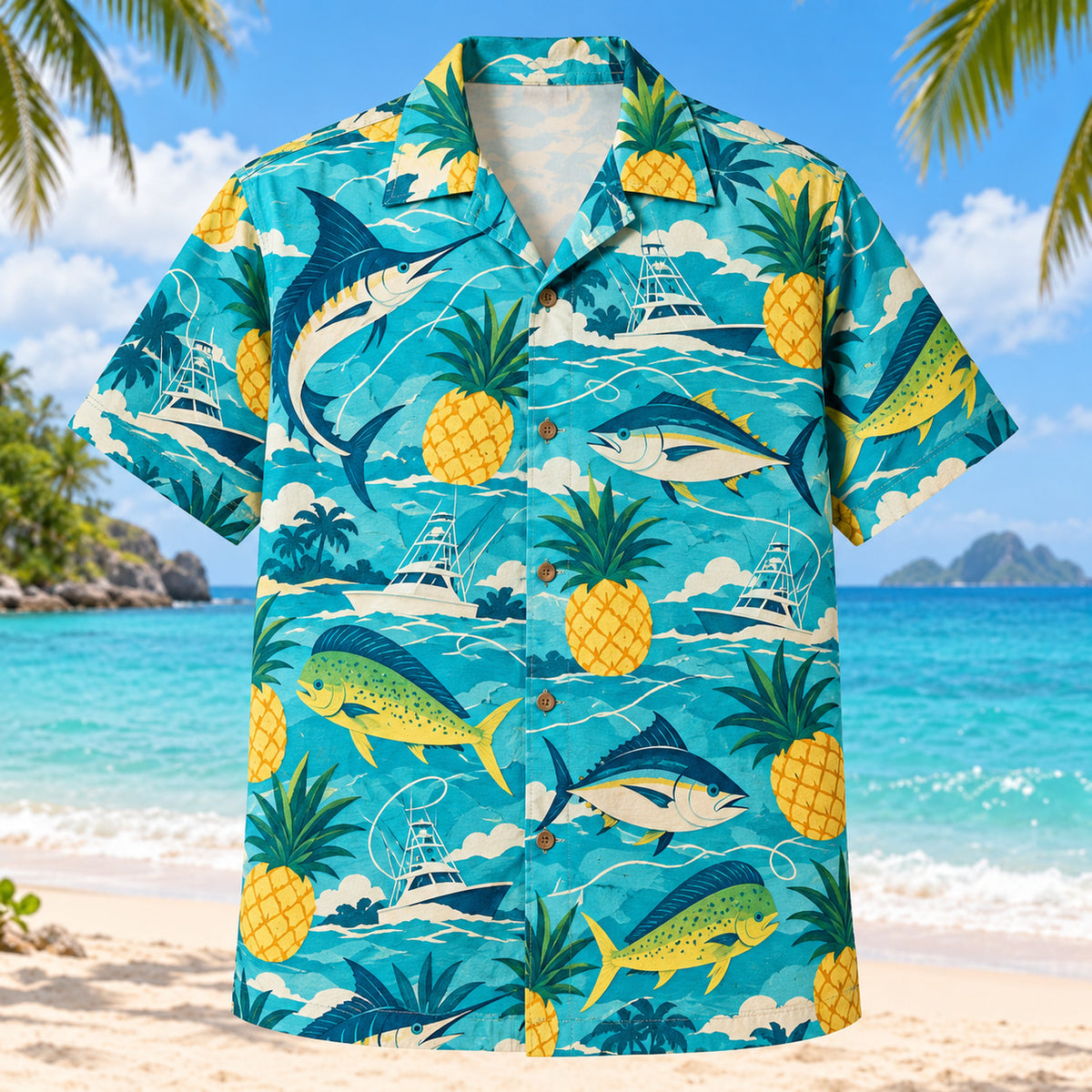 Front view of Pineapple Pop Saltwater Fishing Hawaiian Shirt with original cut-paper pineapples alongside original marlin, tuna and mahi-mahi silhouettes, fishing lines and imaginary offshore boats in a roomy repeat