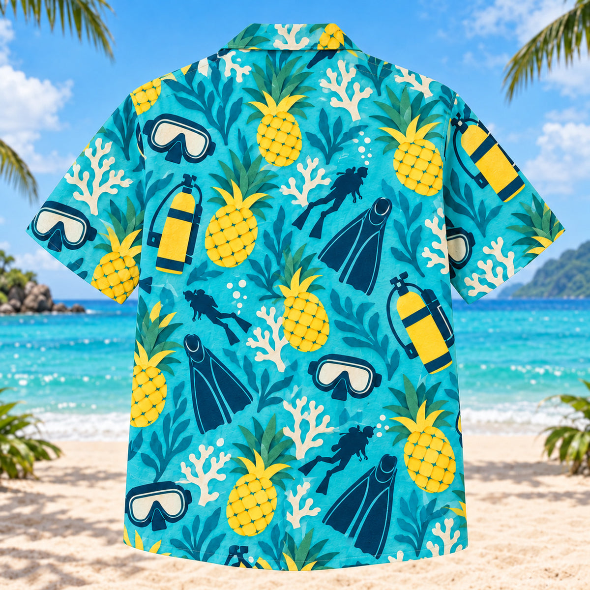 Back view of Pineapple Pop Scuba Diving Hawaiian Shirt with matching scuba diving artwork in turquoise, pineapple yellow, deep teal, cream