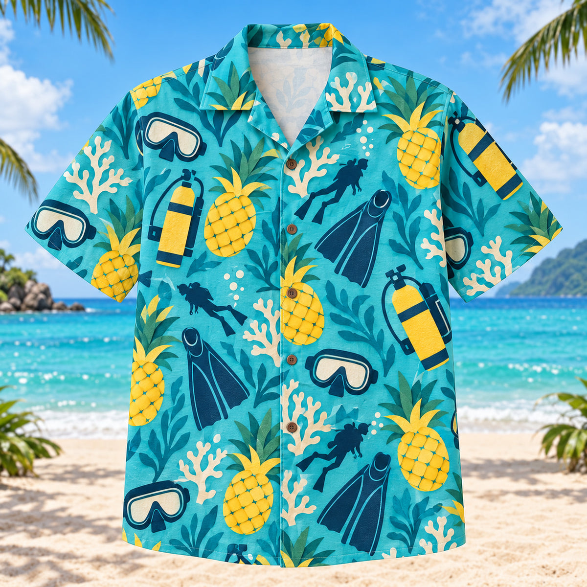 Front view of Pineapple Pop Scuba Diving Hawaiian Shirt with original cut-paper pineapples alongside generic masks, fins, air tanks, small diver silhouettes and original coral forms in a roomy repeat