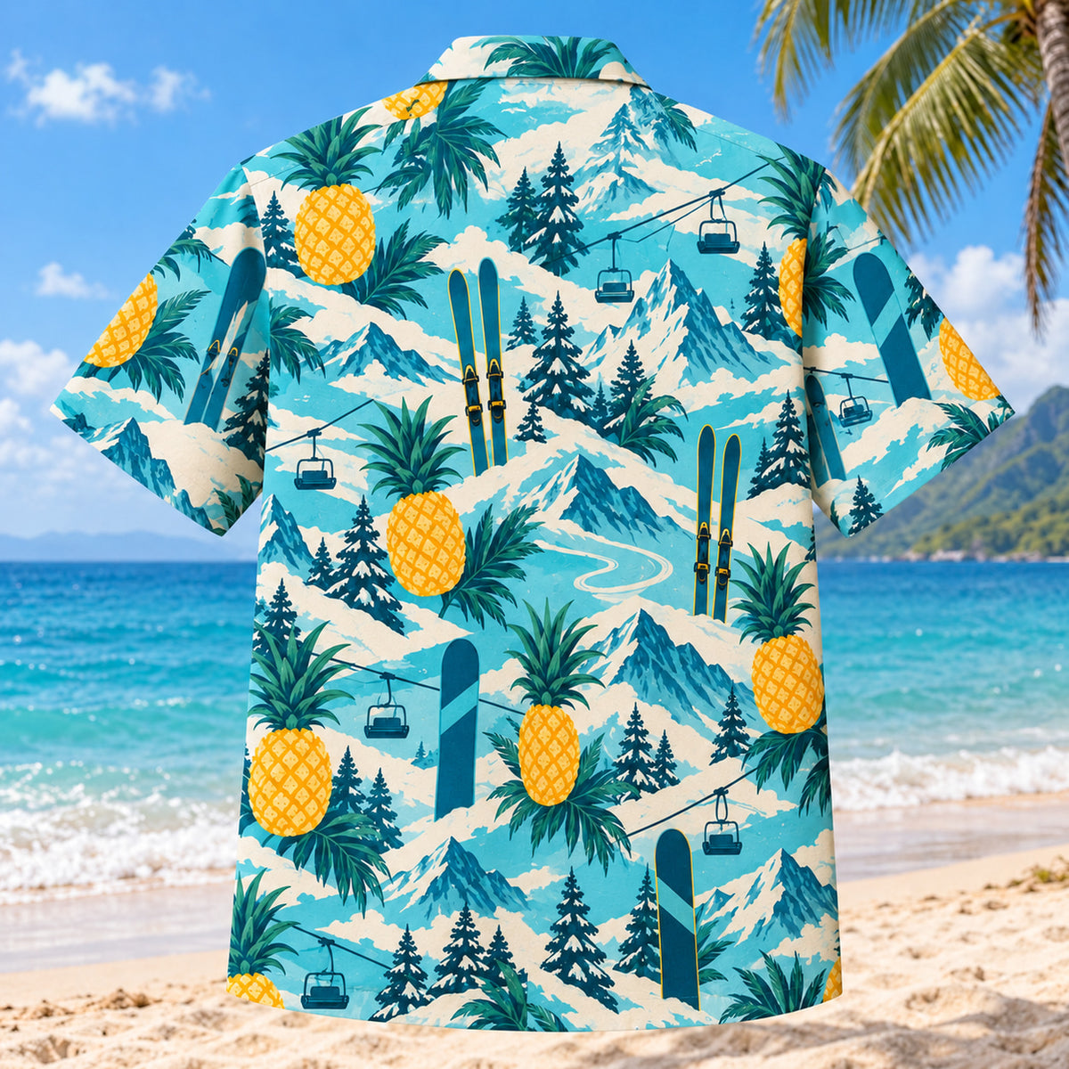Back view of Pineapple Pop Ski and Snowboard Hawaiian Shirt with matching ski and snowboard artwork in turquoise, pineapple yellow, deep teal, cream