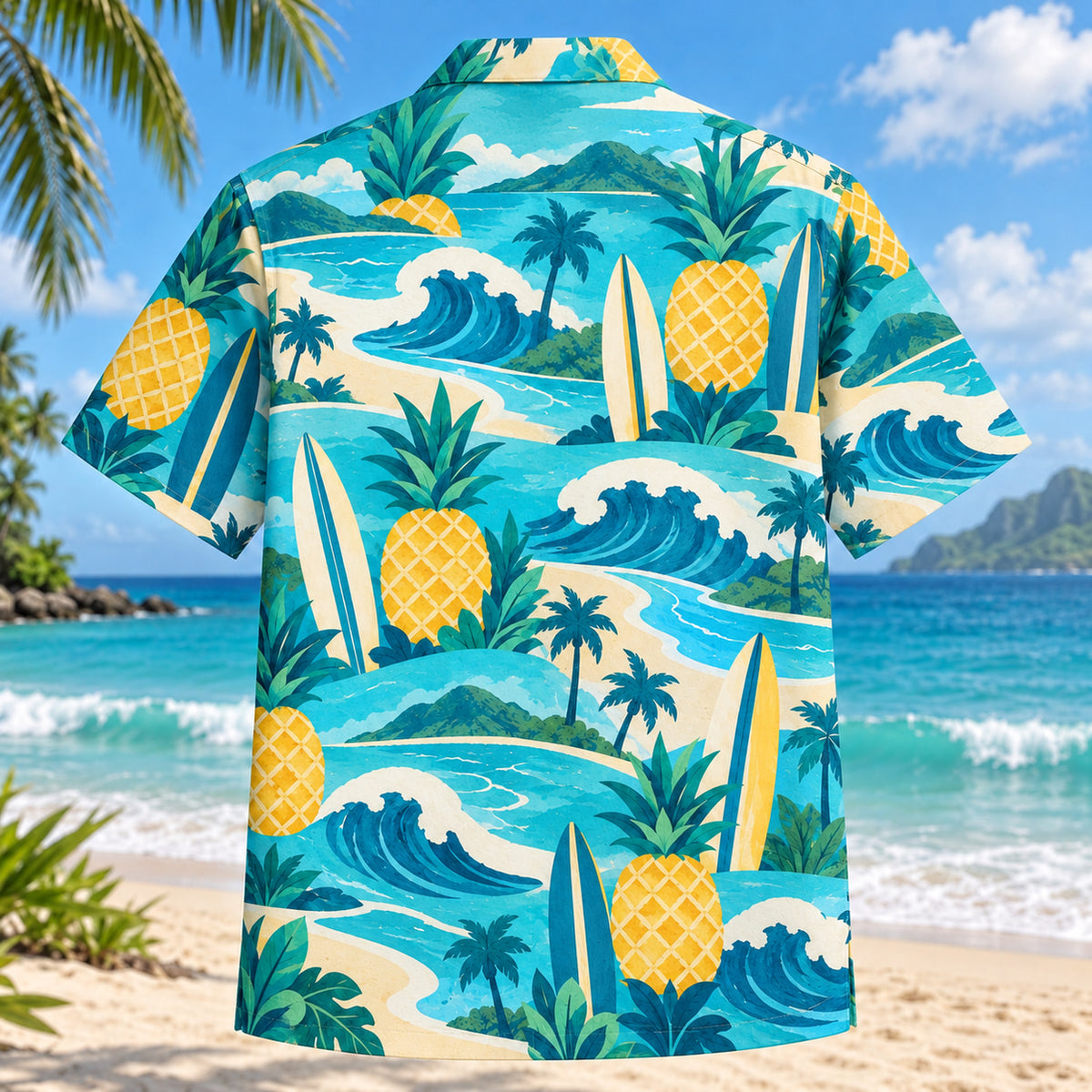 Back view of Pineapple Pop Surfing Hawaiian Shirt with matching surfing artwork in turquoise, pineapple yellow, deep teal, cream