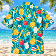 Back view of Pineapple Pop Teacher Hawaiian Shirt with matching teacher artwork in turquoise, pineapple yellow, deep teal, cream