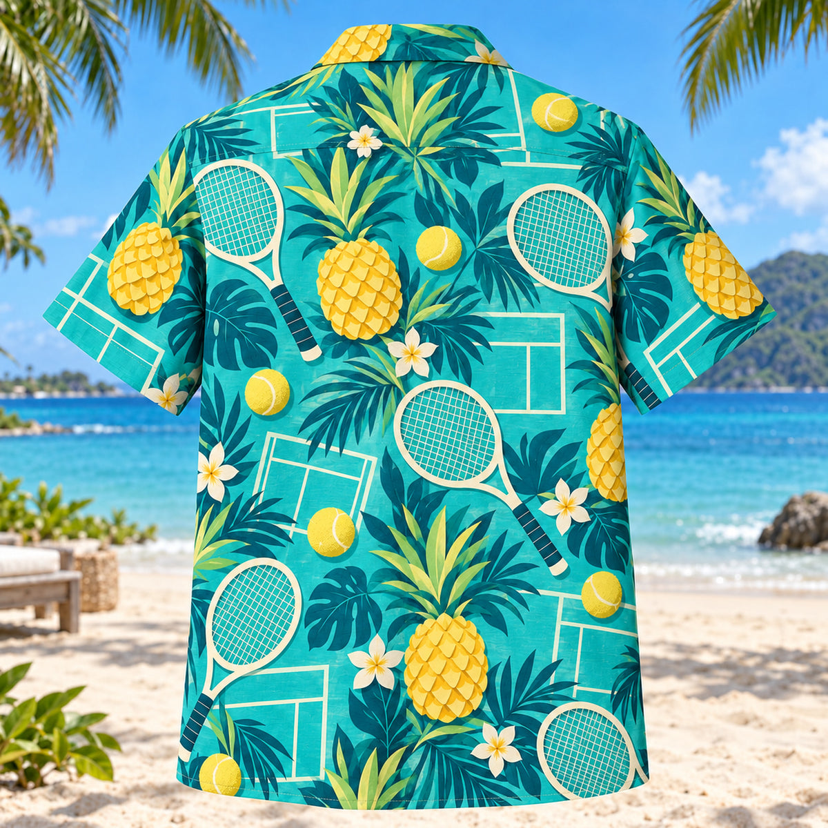 Back view of Pineapple Pop Tennis Hawaiian Shirt with matching tennis artwork in turquoise, pineapple yellow, deep teal, cream