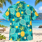 Back view of Pineapple Pop Tennis Hawaiian Shirt with matching tennis artwork in turquoise, pineapple yellow, deep teal, cream