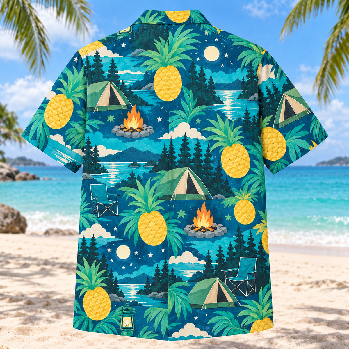 Back view of Pineapple Pop Tent Camping Hawaiian Shirt with matching tent camping artwork in turquoise, pineapple yellow, deep teal, cream