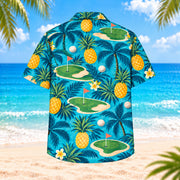 Back view of Pineapple Putt Hawaiian Shirt showing pineapples, putting greens, golf balls, palm leaves, coral flags