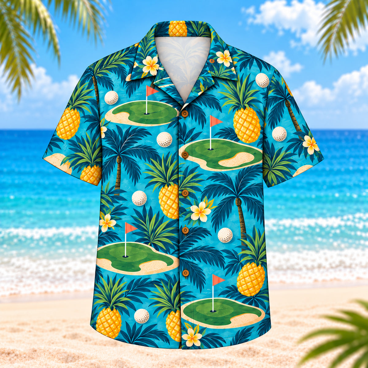 Front view of Pineapple Putt Hawaiian Shirt showing pineapples, putting greens, golf balls, palm leaves, coral flags