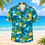 Front view of Pineapple Putt Hawaiian Shirt showing pineapples, putting greens, golf balls, palm leaves, coral flags