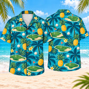 Pineapple Putt Hawaiian Shirt, front and back views on a beach background with pineapples, putting greens, golf balls, palm leaves, coral flags
