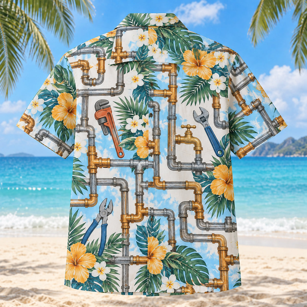 Back view of Pipe Grid Plumber Hawaiian Shirt with matching artwork in sky, white, ochre