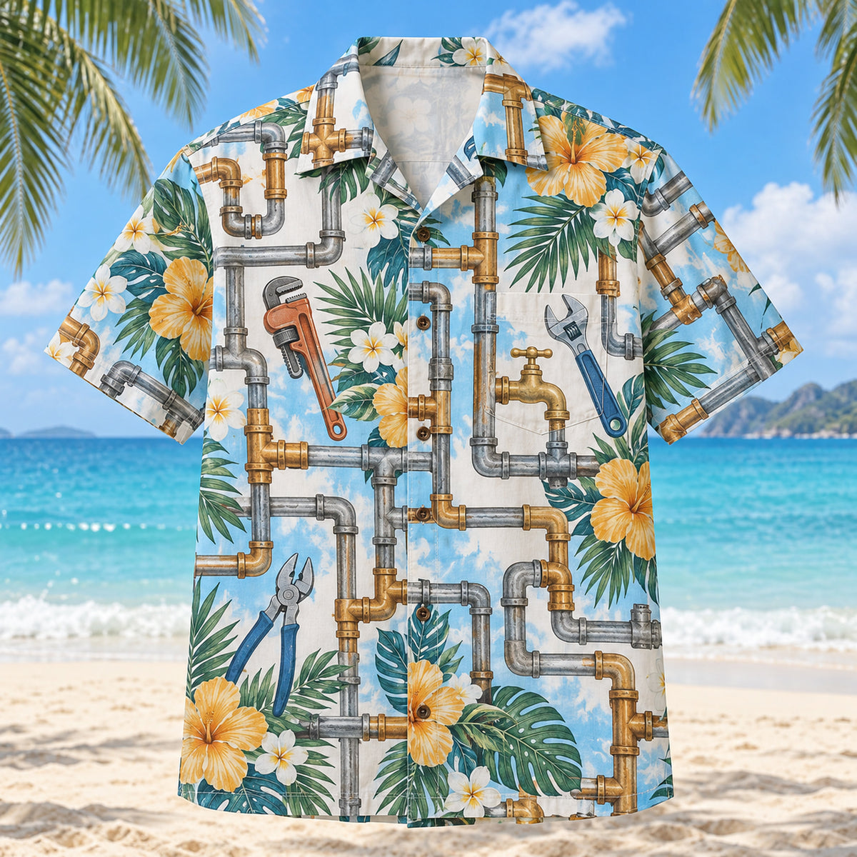 Front view of Pipe Grid Plumber Hawaiian Shirt with original pipe grid motifs, with tropical botanical accents; no text or branded equipment