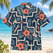 Back view of Pipe Maze Plumber Hawaiian Shirt with matching artwork in navy, cream, coral