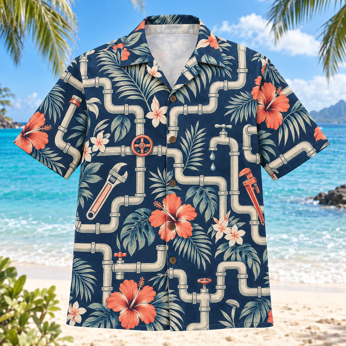 Front view of Pipe Maze Plumber Hawaiian Shirt with original pipe maze motifs, with tropical botanical accents; no text or branded equipment