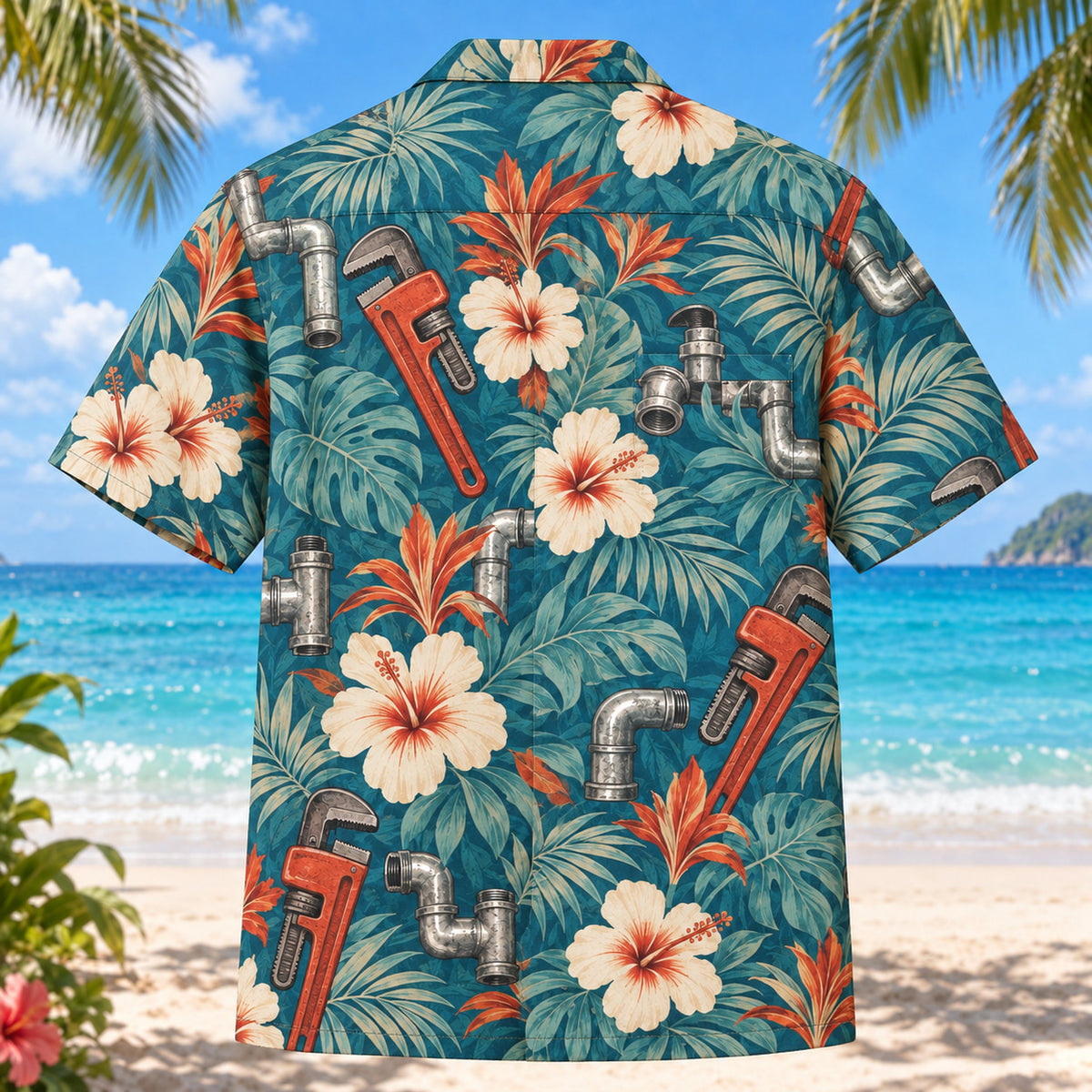 Back view of Pipe Wrench Plumber Hawaiian Shirt with matching artwork in teal, ivory, rust
