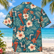Back view of Pipe Wrench Plumber Hawaiian Shirt with matching artwork in teal, ivory, rust