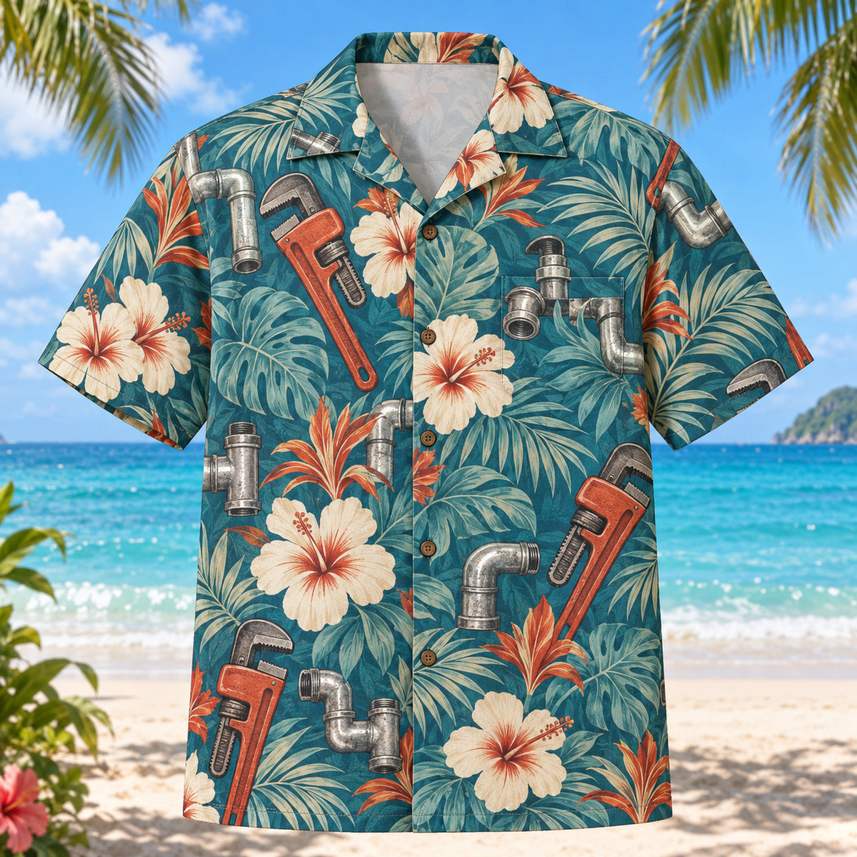 Front view of Pipe Wrench Plumber Hawaiian Shirt with original pipe wrench motifs, with tropical botanical accents; no text or branded equipment