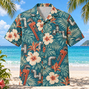 Front view of Pipe Wrench Plumber Hawaiian Shirt with original pipe wrench motifs, with tropical botanical accents; no text or branded equipment