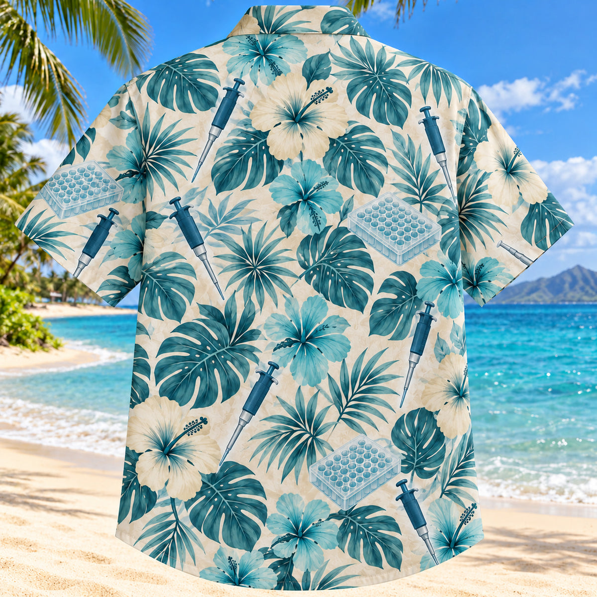 Back view of Pipette Garden Aqua Sand Medical Laboratory Technologist Hawaiian Shirt on a Hawaiian beach with fine white or light yellow sand and no dark rocks