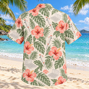 Back view of Pipette Garden Coral Sage Medical Laboratory Technologist Hawaiian Shirt with matching artwork in soft coral, sage, cream