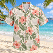 Front view of Pipette Garden Coral Sage Medical Laboratory Technologist Hawaiian Shirt with original unbranded pipettes, empty sample trays and hibiscus in an open botanical repeat