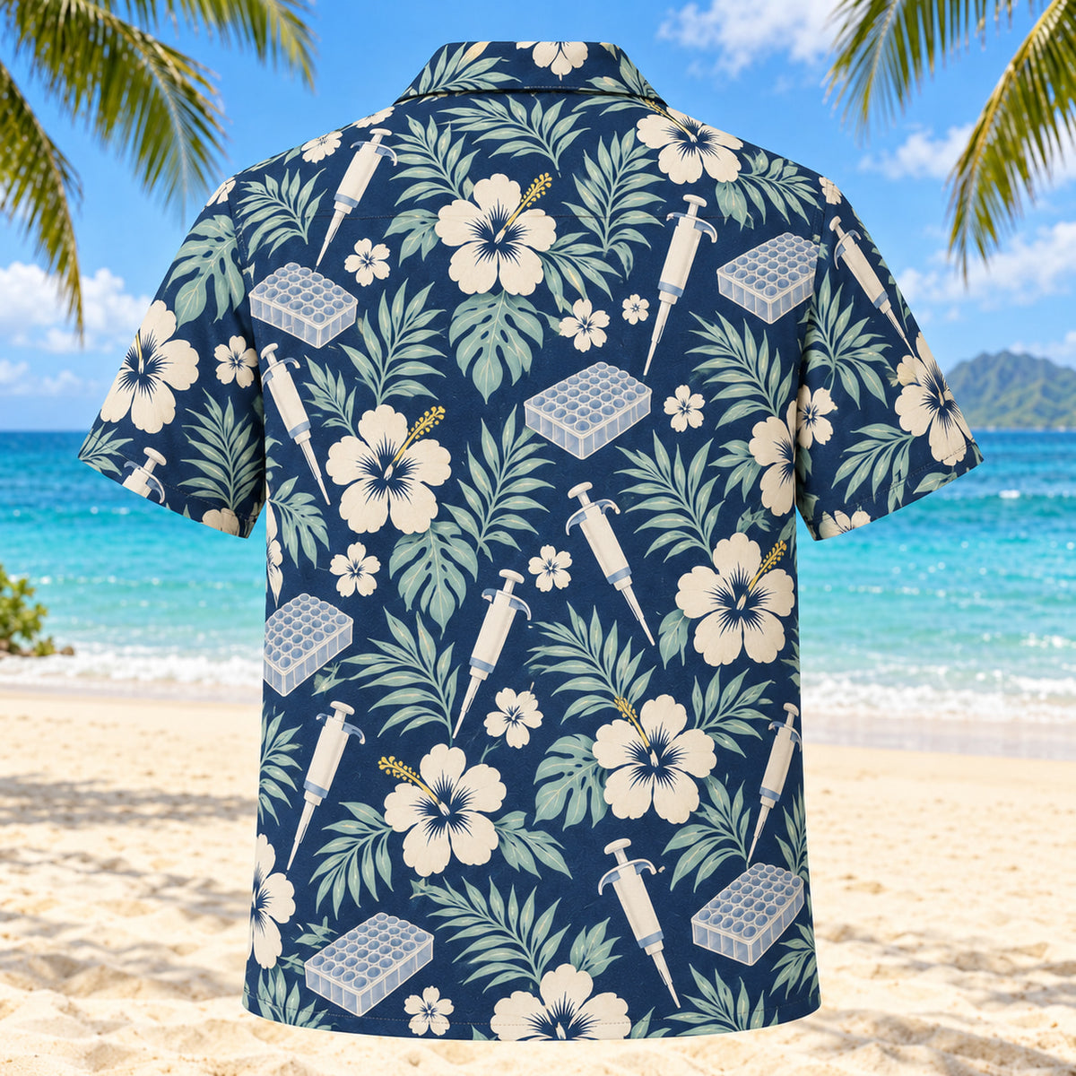 Back view of Pipette Garden Navy Cream Medical Laboratory Technologist Hawaiian Shirt with matching artwork in navy, warm ivory, pale seafoam