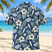 Back view of Pipette Garden Navy Cream Medical Laboratory Technologist Hawaiian Shirt with matching artwork in navy, warm ivory, pale seafoam