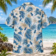 Back view of Pipette Palms Chemistry Hawaiian Shirt with matching artwork in blue, sand, white