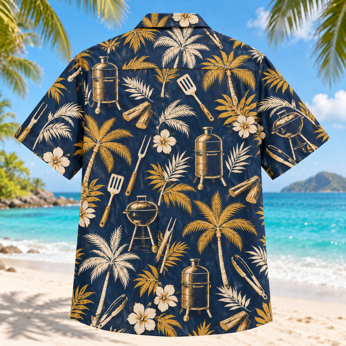 Back view of Pitmaster Palm BBQ Hawaiian Shirt with matching artwork in navy, gold, cream