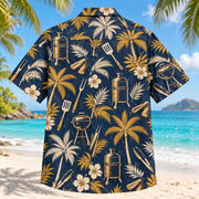 Back view of Pitmaster Palm BBQ Hawaiian Shirt with matching artwork in navy, gold, cream