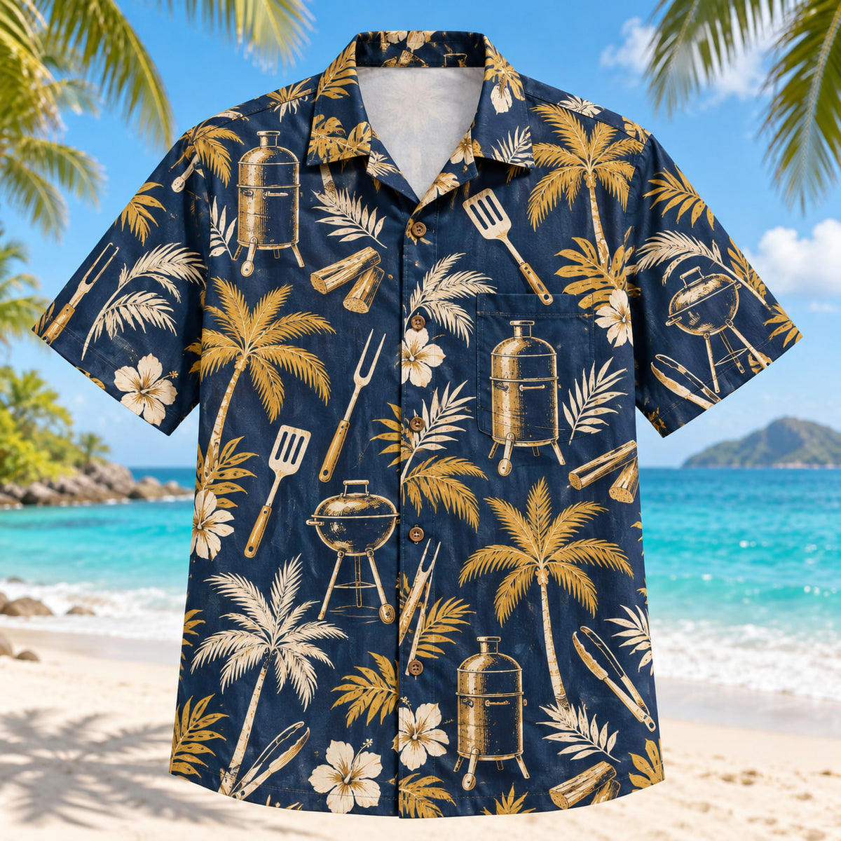 Front view of Pitmaster Palm BBQ Hawaiian Shirt with generic smoker tools and palms
