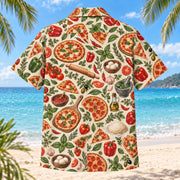 Back view of Pizza Market Home Pizza Making Hawaiian Shirt with matching artwork in terracotta, olive, ivory