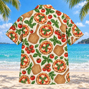 Back view of Pizza Peel Garden Home Pizza Making Hawaiian Shirt with matching artwork in tomato red, basil green, cream