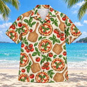 Front view of Pizza Peel Garden Home Pizza Making Hawaiian Shirt with original, text-free illustrations of pizza peels, basil leaves, tomatoes and small artisan pizzas