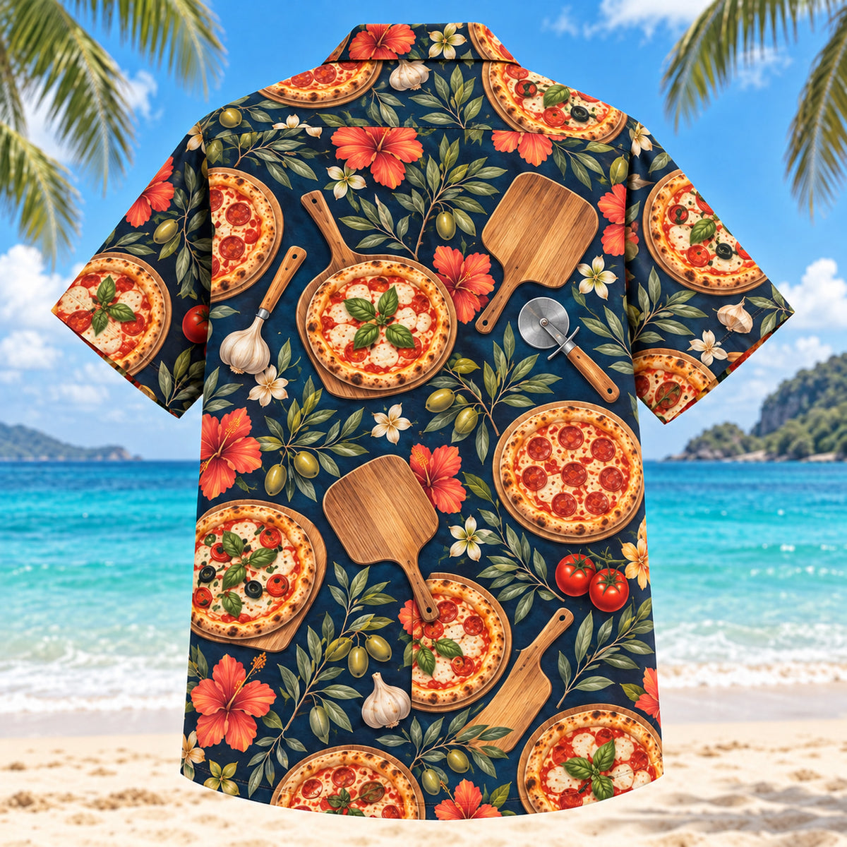 Back view of Pizzeria Botanical Home Pizza Making Hawaiian Shirt with matching artwork in navy, coral, gold