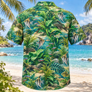 Back view of Planted Tank Palms Freshwater Aquarium Hawaiian Shirt with matching artwork in emerald, aqua, sand