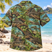 Back view of Pleco Driftwood Freshwater Aquarium Hawaiian Shirt with matching artwork in brown, moss, aqua