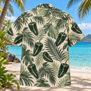 Back view of Poblano Palm Chili Pepper Hawaiian Shirt with matching artwork in forest, mint, cream