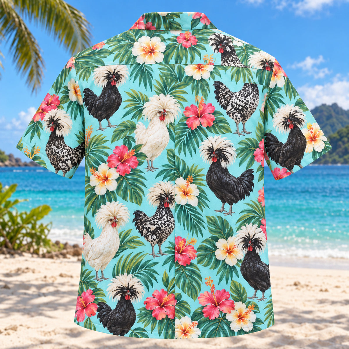 Back view of Polish Crested Floral Chicken Hawaiian Shirt with matching artwork in aqua, coral, cream