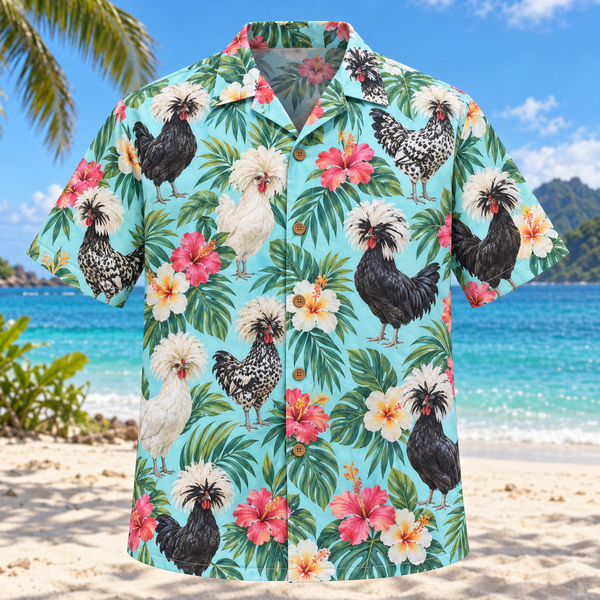 Front view of Polish Crested Floral Chicken Hawaiian Shirt with Polish crested chickens among tropical flowers