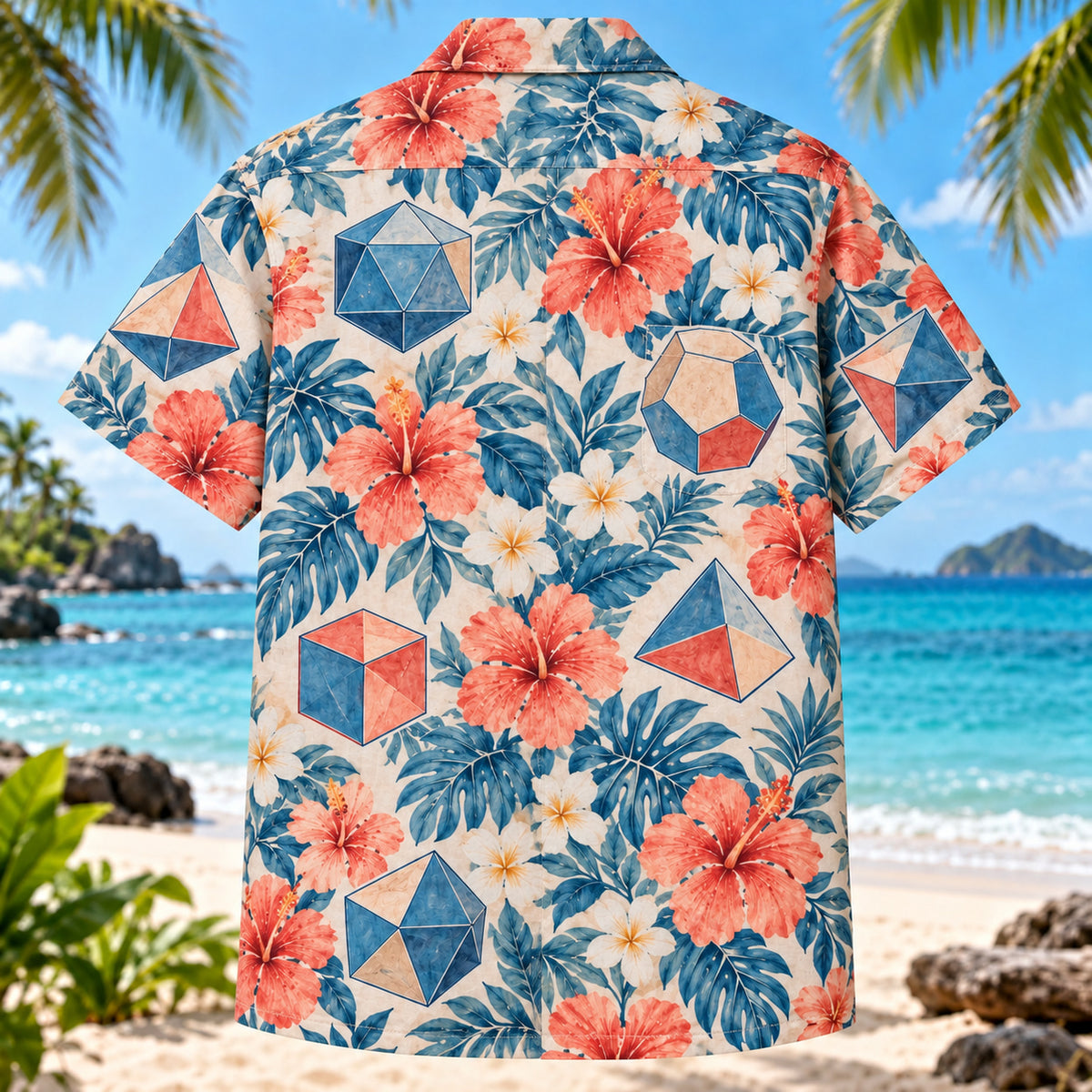 Back view of Polyhedron Bloom Mathematics Hawaiian Shirt with matching artwork in coral, blue, ivory
