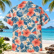 Back view of Polyhedron Bloom Mathematics Hawaiian Shirt with matching artwork in coral, blue, ivory