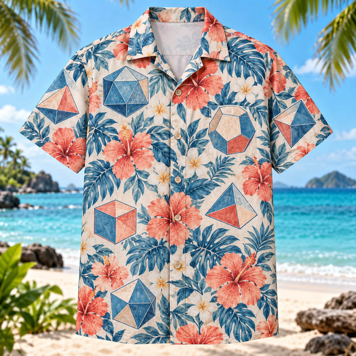 Front view of Polyhedron Bloom Mathematics Hawaiian Shirt with accurate geometric polyhedra among flowers